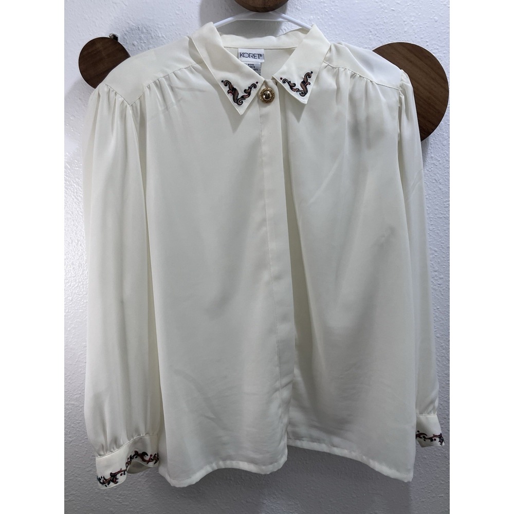 Koret Long Sleeve Blouse Women Size 14 Cream Embroidered Collar Vintage